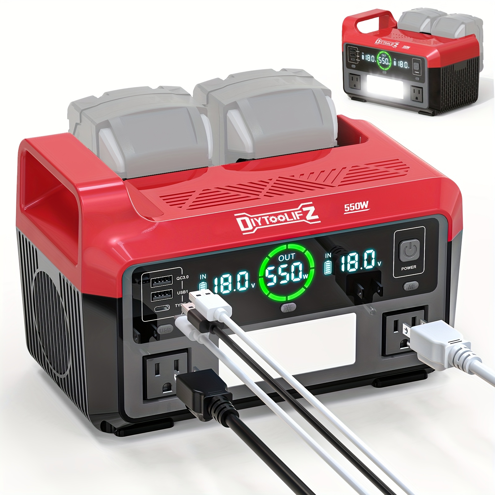 TEMU Diytoolifz 550w Portable Power Inverter - Pure Sine Wave Inverter 18v To 110v With 2 Ac Outlets, 3 Usb Ports & Led Light, Compatible With 18v