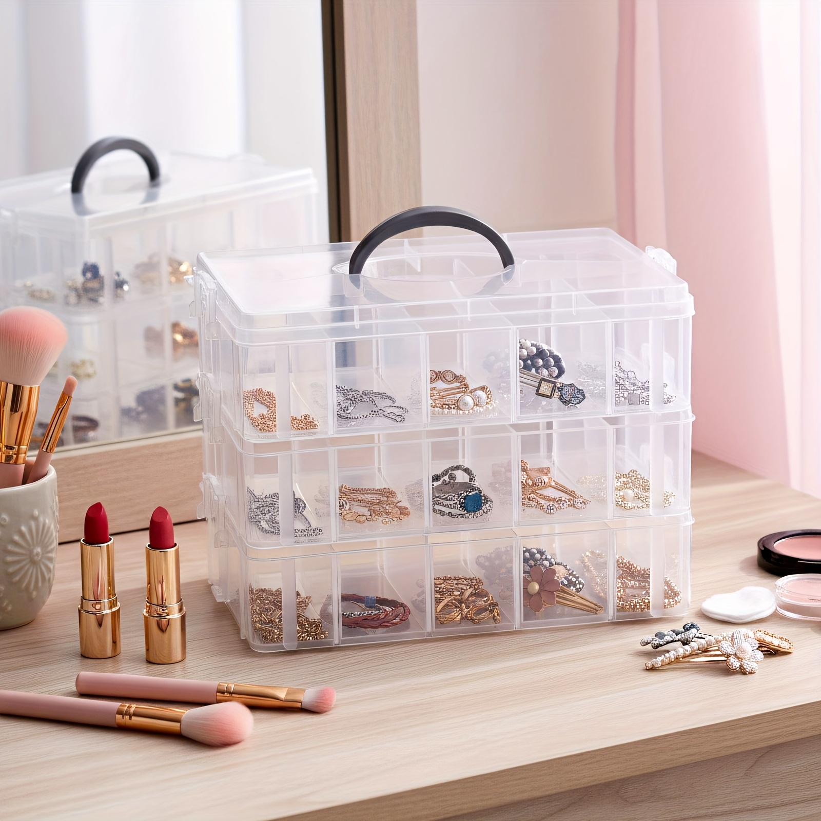TEMU Tomnk 3-tier Stackable Storage Container Box With Dividers-30 Compartments, Jewelry Box And Storage, Bead Organizers For Beauty Accessories,