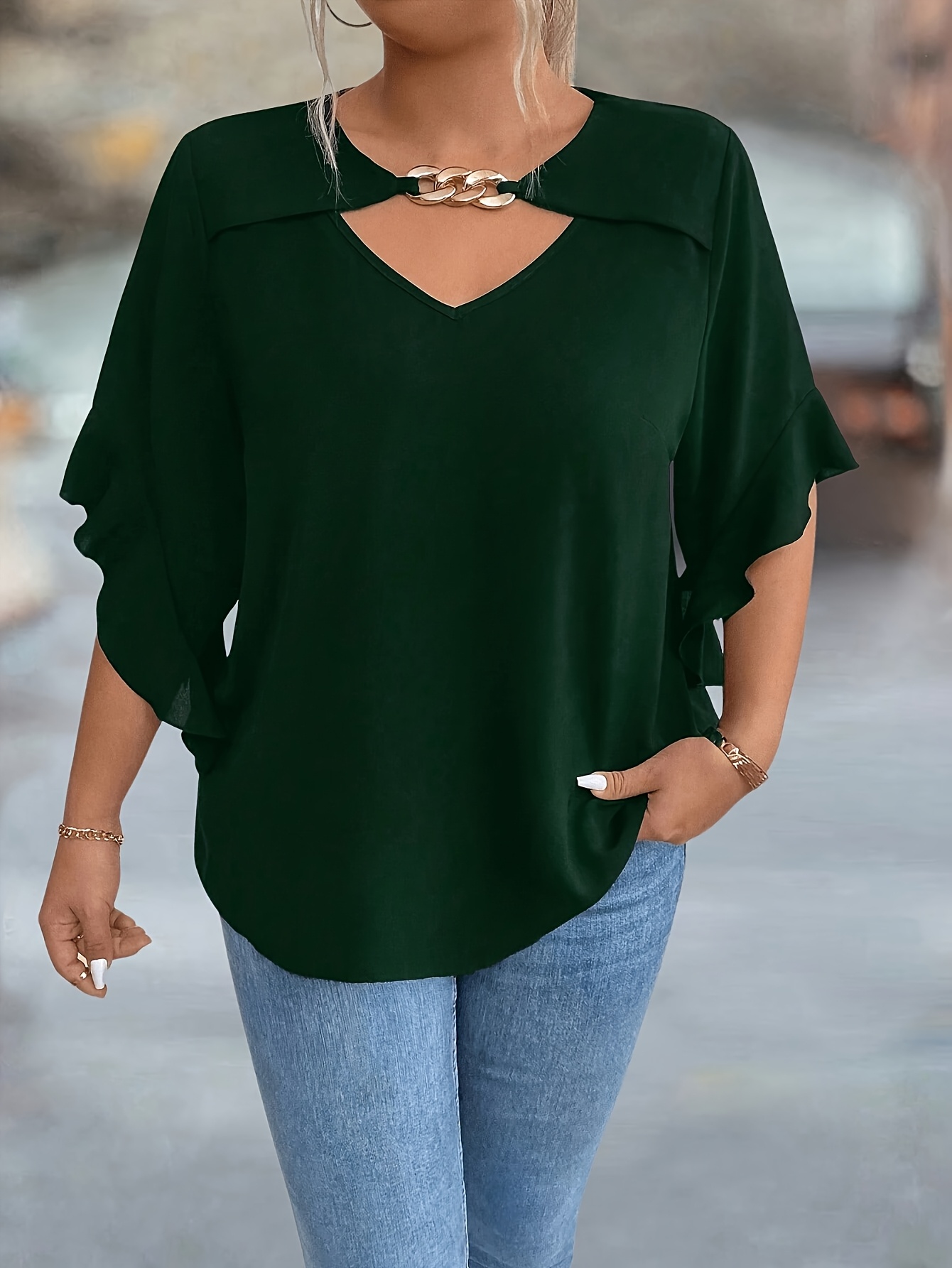 Women'S Plus Size V-Neck Blouse - Soft Pink, Ruffled Sleeves, Casual Summer Top with Golden Chain Detail, Casual Wear|Ruffled Sleeve Top|Vneckline Top