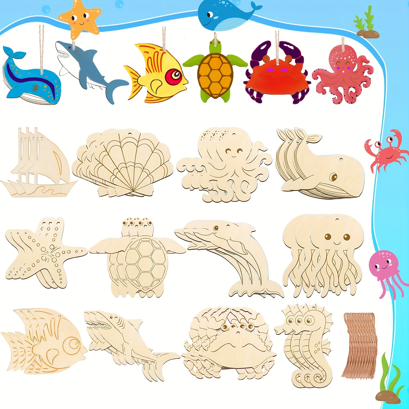 Image of 72pcs Craft Kit, Includes 36 Wood And 36 Ropes, Ocean Animal Theme Wooden Craft Kit, Wooden Craft Kit, Birthday Craft, Suitable For Holiday Gift Creative Gift Party Decoration Handmade Kit