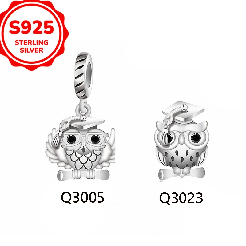 925 Sterling Silver Owl Graduation Scroll Bead Pendant