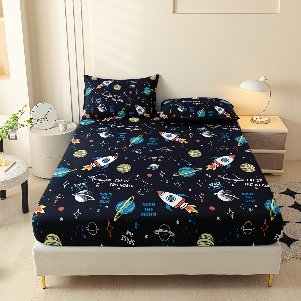 

Space-themed Bed Sheet & Pillowcase Set, Breathable Polyester, , Comfort, Fitted Sheet With 14-inch Deep Pocket & 2 Pillowcases - Soft & Comfortable, Machine Washable