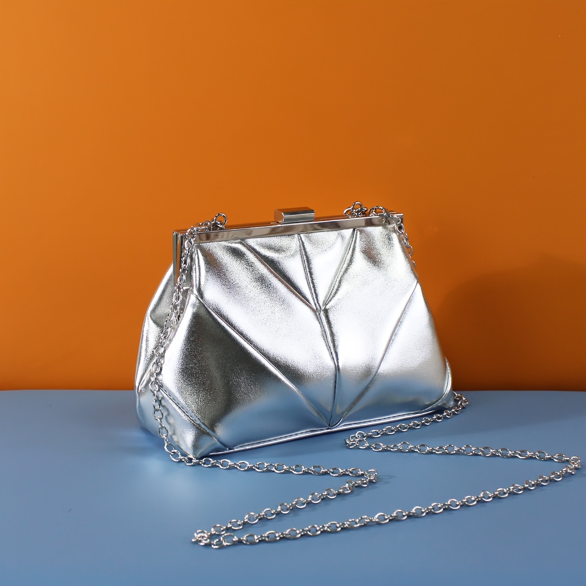 Pochette Donna Elegante Glitter Argento Con Catena - Borsa Da Sera A Busta Per Matrimonio E Cerimonie