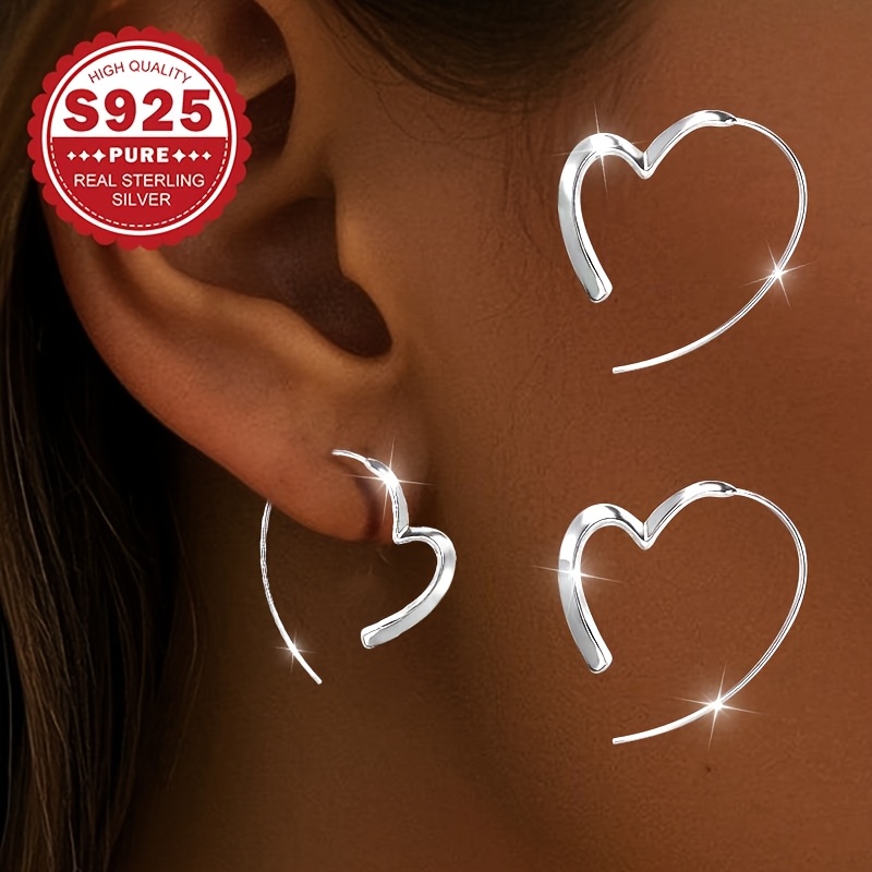 TEMU 4pcs 925 Sterling Silver Clip-on Heart-shaped Earrings | Low Allergy, Retro Shaped Contour, High-end Design For Banquets, Parties, And Vacations