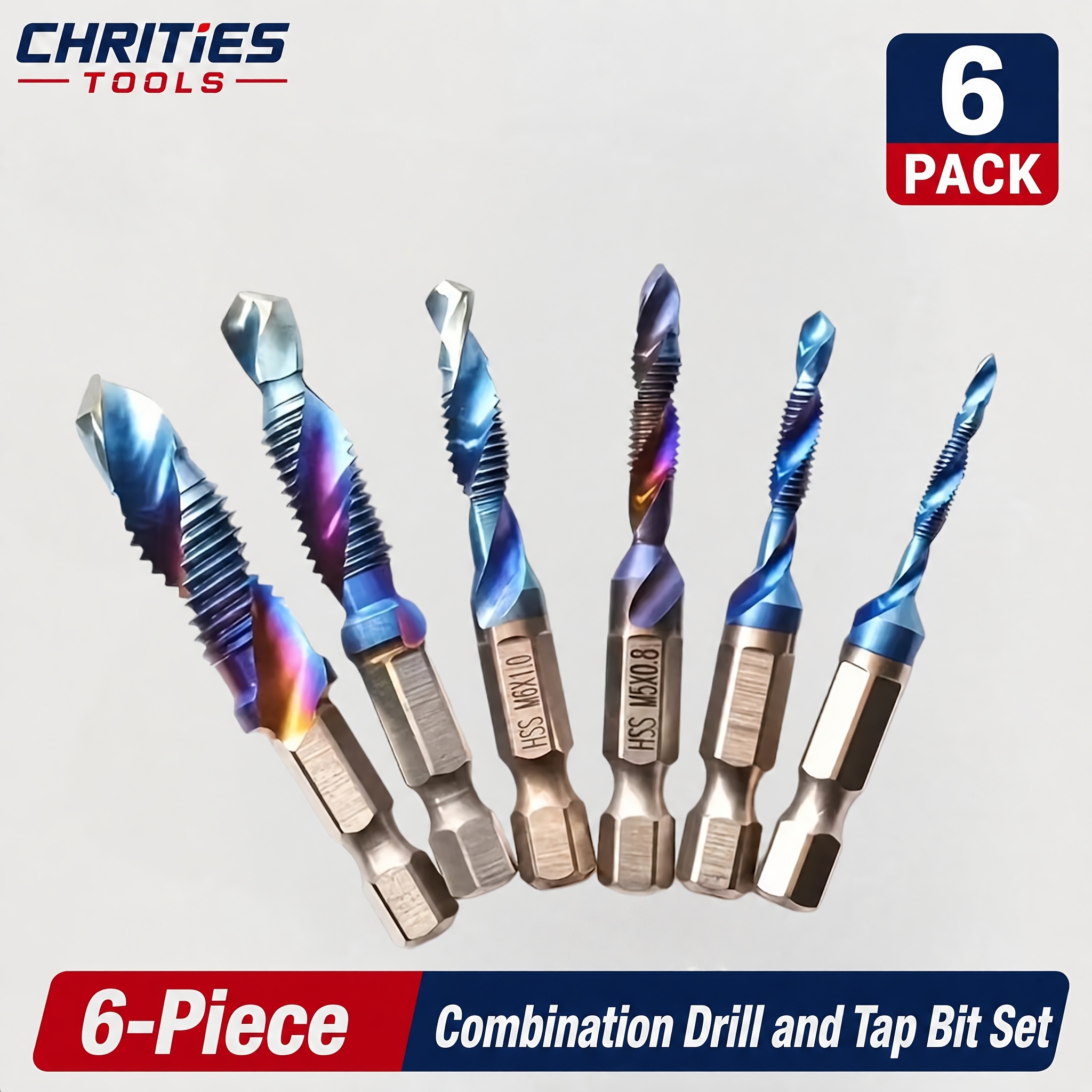 TEMU CHRITIES TOOLS 6 pezzi Maschi in ad velocit� con codolo esagonale in titanio, punta filettata metrica conici, cacciavite, composito M3 M4 M5 M6