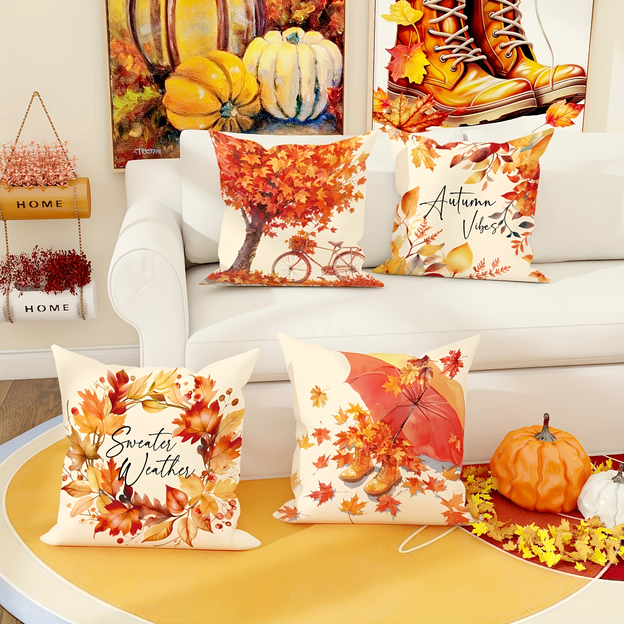 

Jit Set Of 4 Autumn Thanksgiving Decorative Throw Cushion Covers, Fall Leaves Pumpkin Country-rustic Style, Machine Washable, Zippered Polyester Cases 18x18 Inch For Living Room And Bedroom