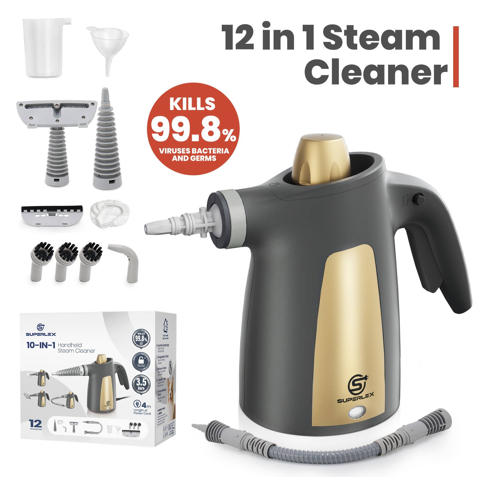 TEMU Superlex Handheld 12-in-1 Steam Cleaner, 3. High-pressure Steam, 350ml Large Water Tank, 180° Adjustable Nozzle For Narrow Deep Cleaning, 4m