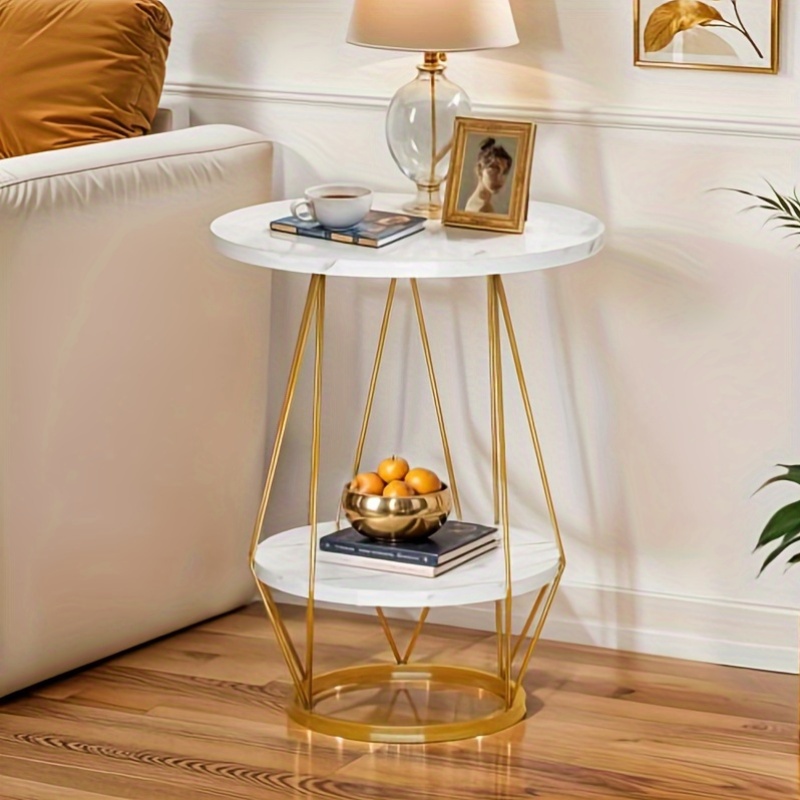 

Chic 2- Tier Marble Accent Table, Sleek Nightstand With Storage Shelf In White And Gold