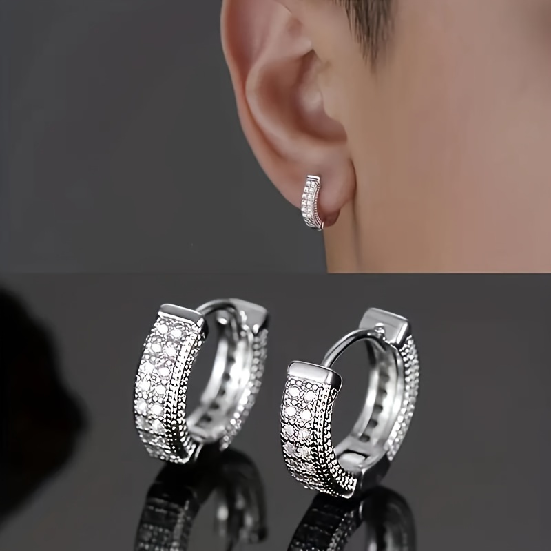 

A Pair Of Minimalist And Stylish Men's Earrings, Set With Double Rows Of Sparkling Zirconia Men's Earrings.