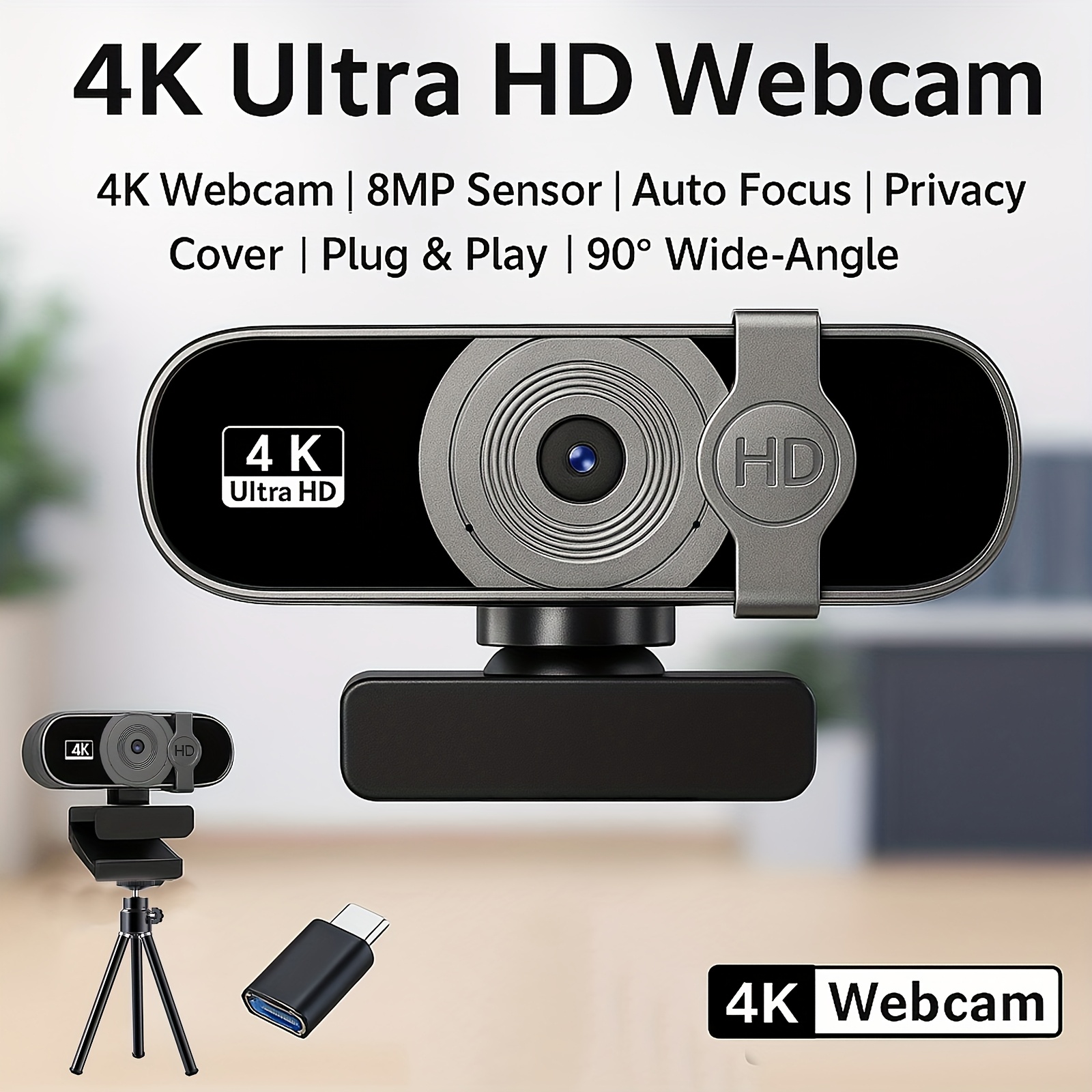   q3 webcam 4k ultra hd 8mp avec   automatique, angle large de 90° et cache confidentialité pour streaming & réunions