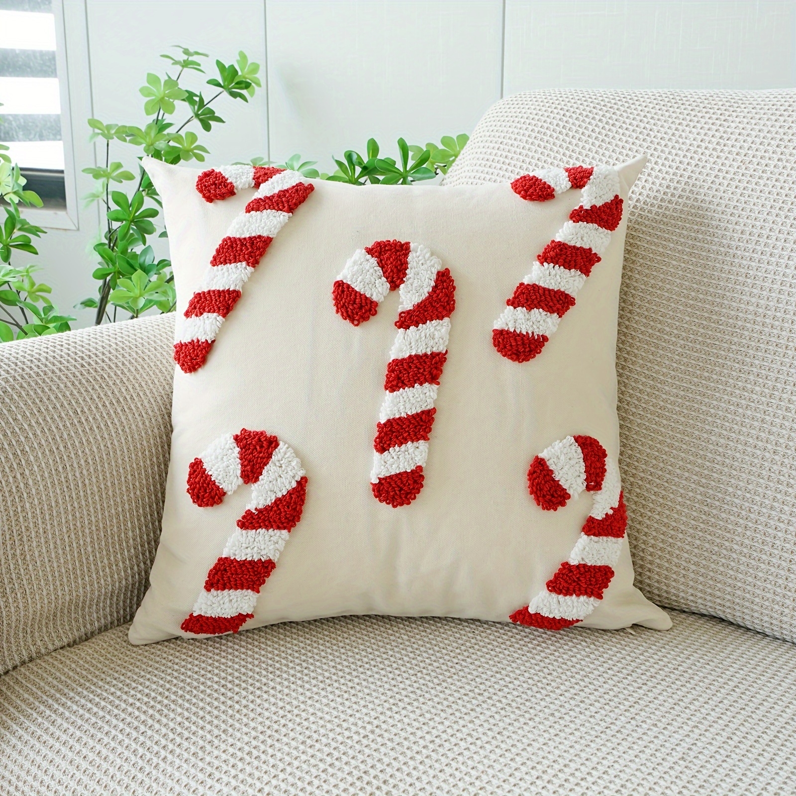 1pc Christmas Candy Element Velvet Pillowcase, Christmas Cane Sofa Cushion Cover Home Holiday Embroidery Pillowcase