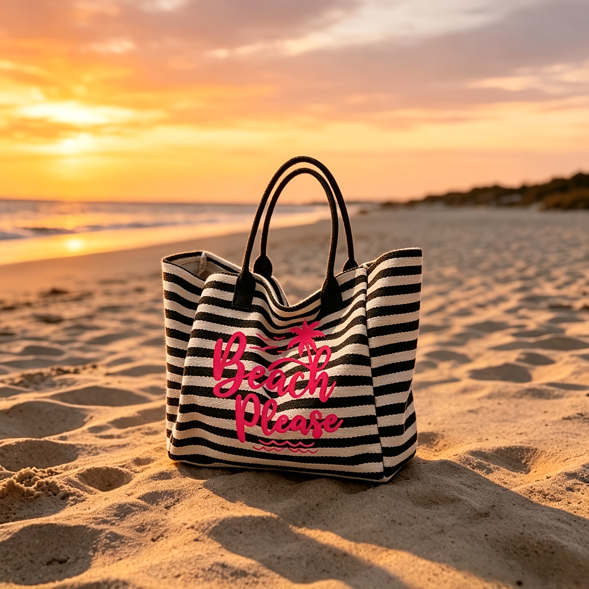 TEMU Large Capacity Black And White Striped Beach Tote Bag, Printed With Pink "beach" Lettering, Coconut Trees And Waves Pattern; Foldable Shoulder