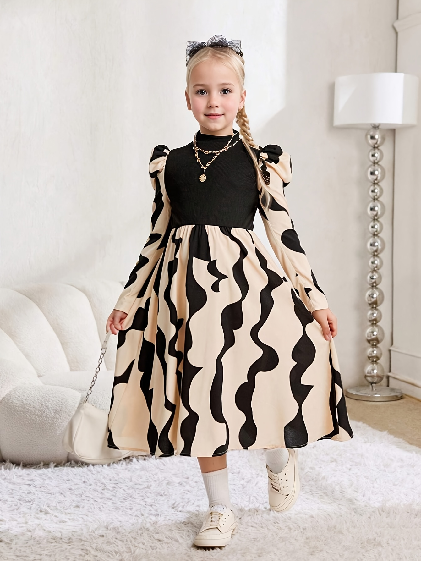 Girls' Spring/autumn Irregular Striped Print Knit * Long Dress, Elegant,  Party, Girls' Clothing, Vintage Fashion