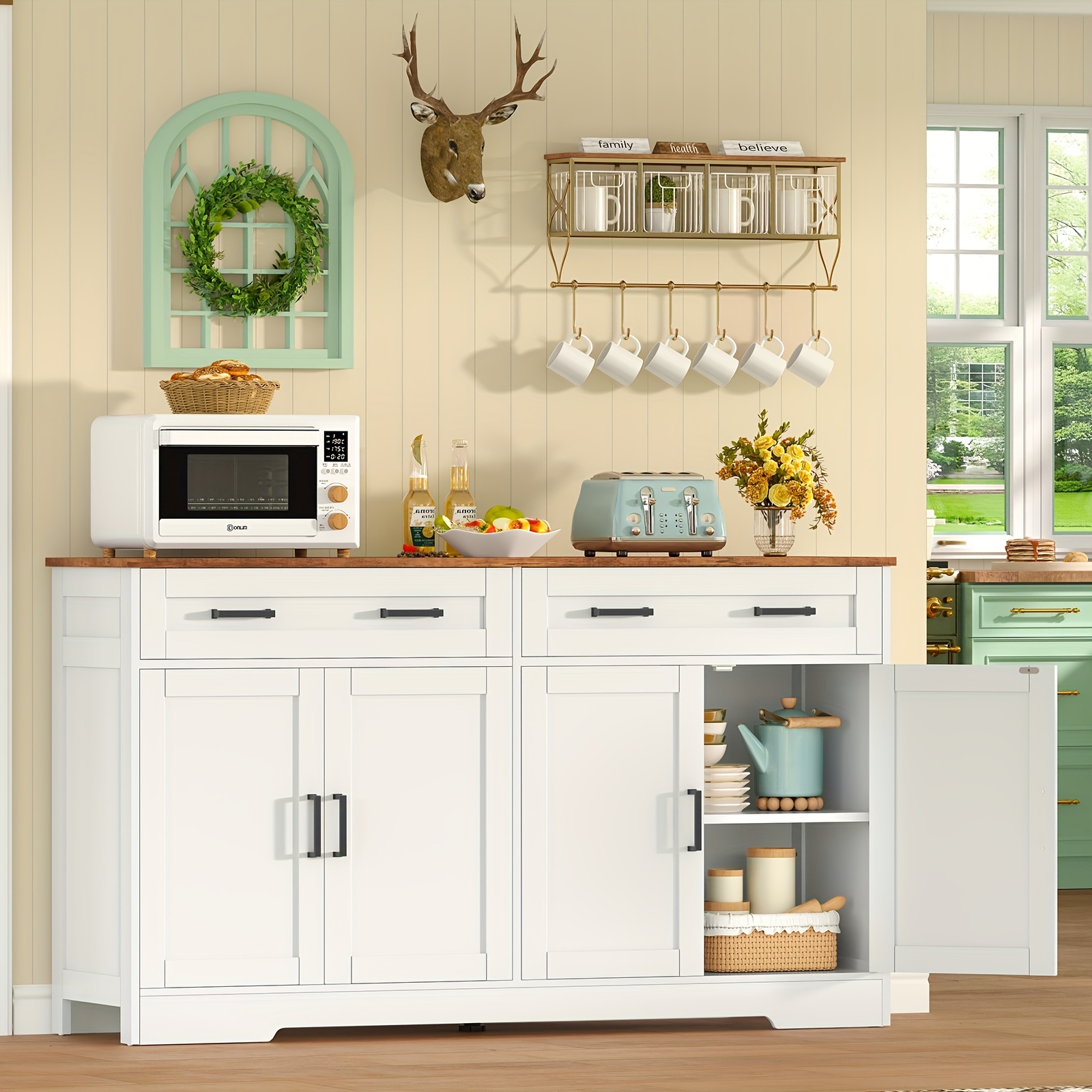 TEMU Mueble de bufé grande moderno estilo granja de 140cm con estantes y puertas ajustables - Sideboard de almacenamiento con 2 cajones, superficie