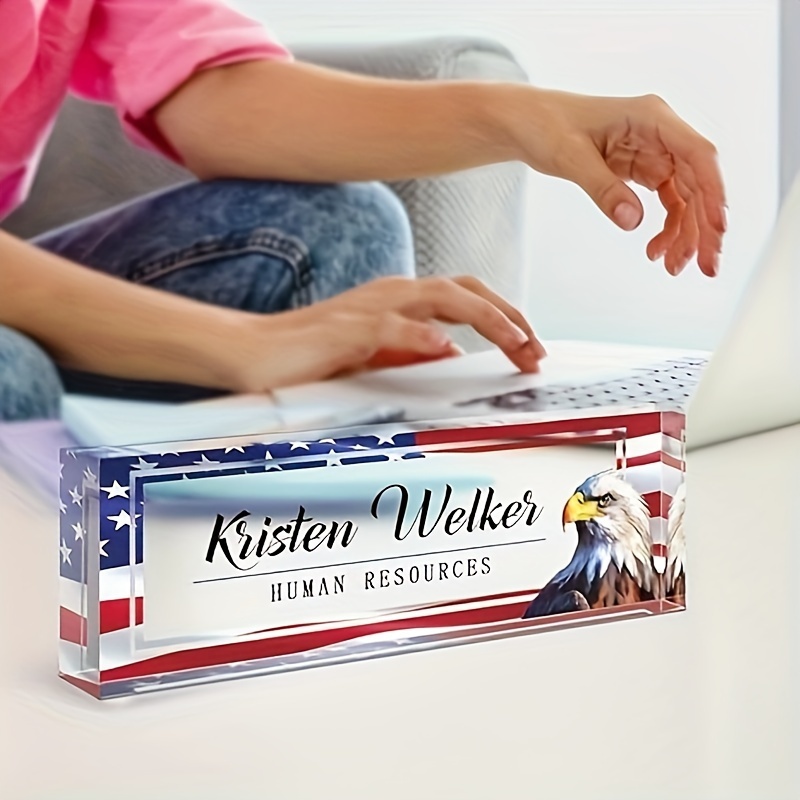 

Acrylic Desk Name Plate Custom Personalized | Tabletop Office Name Sign With American Flag & Eagle | Multifunctional Appreciation Gift For Boss, Teacher, Employee, Nurse, Coworker | English Language