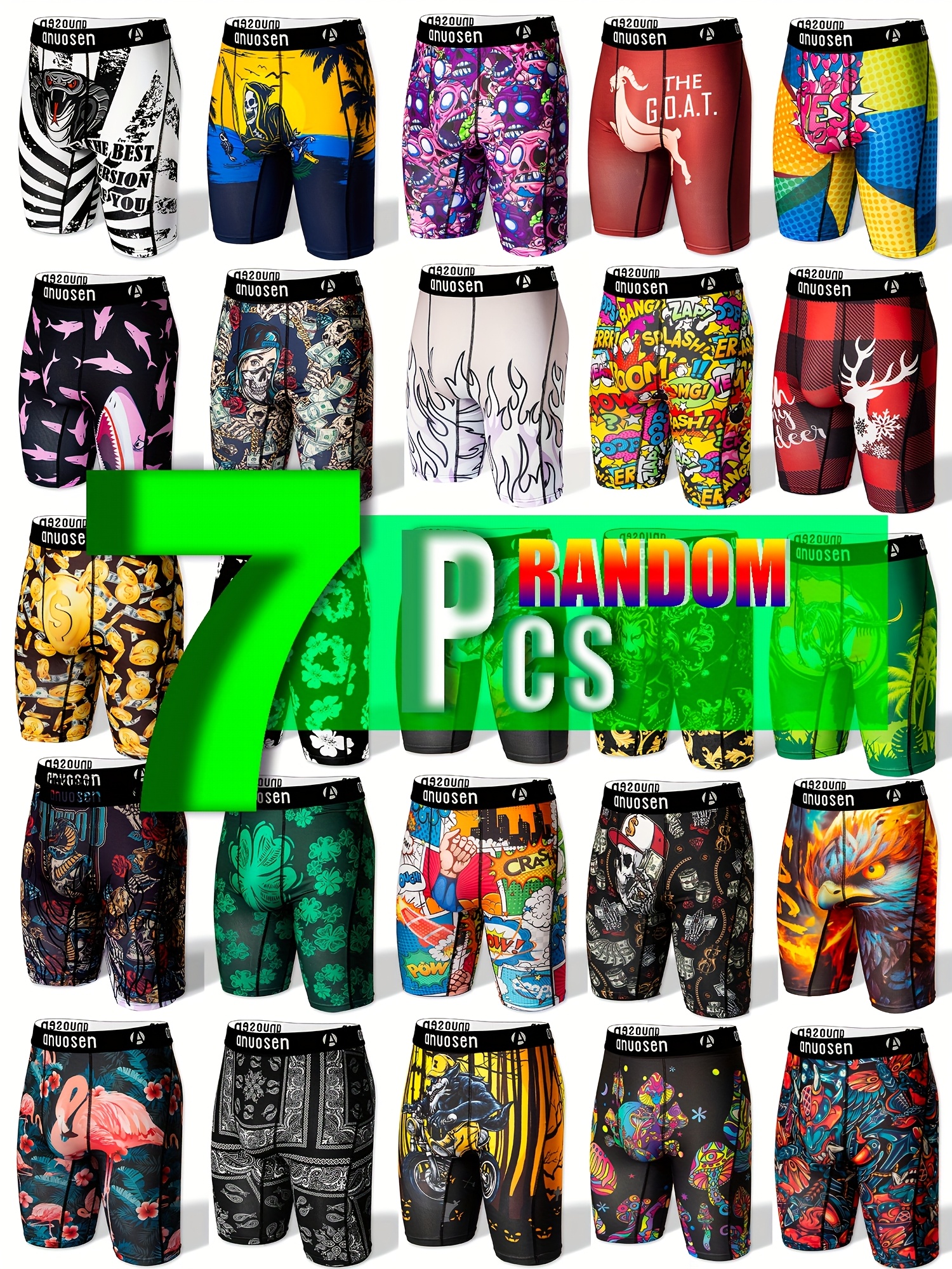 7pcs random set of mens long sports underwear for valentines day gift for boyfriend   7 random pieces with position printing plants letters comics moisture wicking cartoon stripes   extended length suitable for christmas and halloween anti chafing plus size mens breathable stretch comfortable casual boxer shorts sports shorts print underwear long mens boxer briefs sports underwear