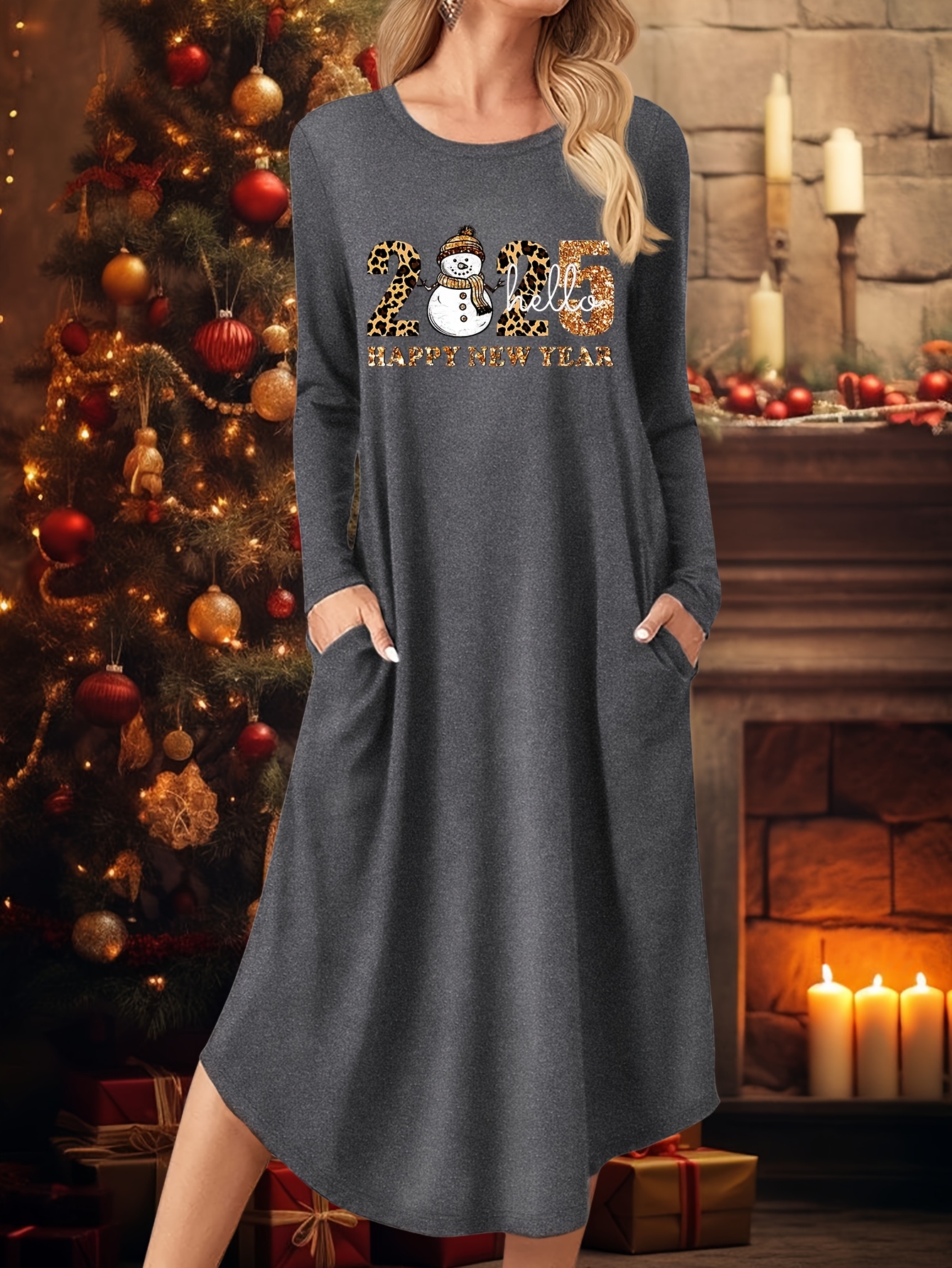 knee length dresses for ladies Red 1950s Solid Plush Christmas Dress main image 0