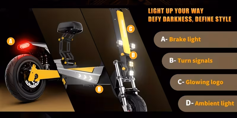 adult electric scooter, 60v35 -speed range of approximately 75 miles, 11 inch tires with seats, multiple hydraulic shock absorbers with a load capacity of 300 , front headlights, foldable, lcd display screen Product details 3