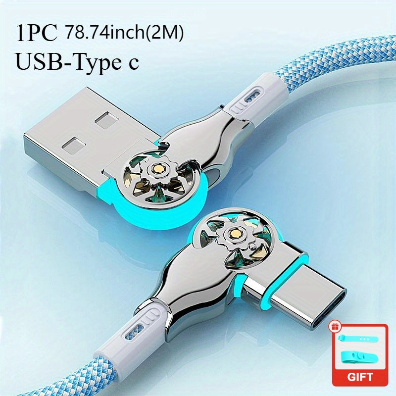 TEMU Fast Charging Data Cable 90 Degree Cable, 6.56ft 2m Angle Type-c With Light Double Elbow Rotation 120w Flash Charging Suitable For Phone, Car