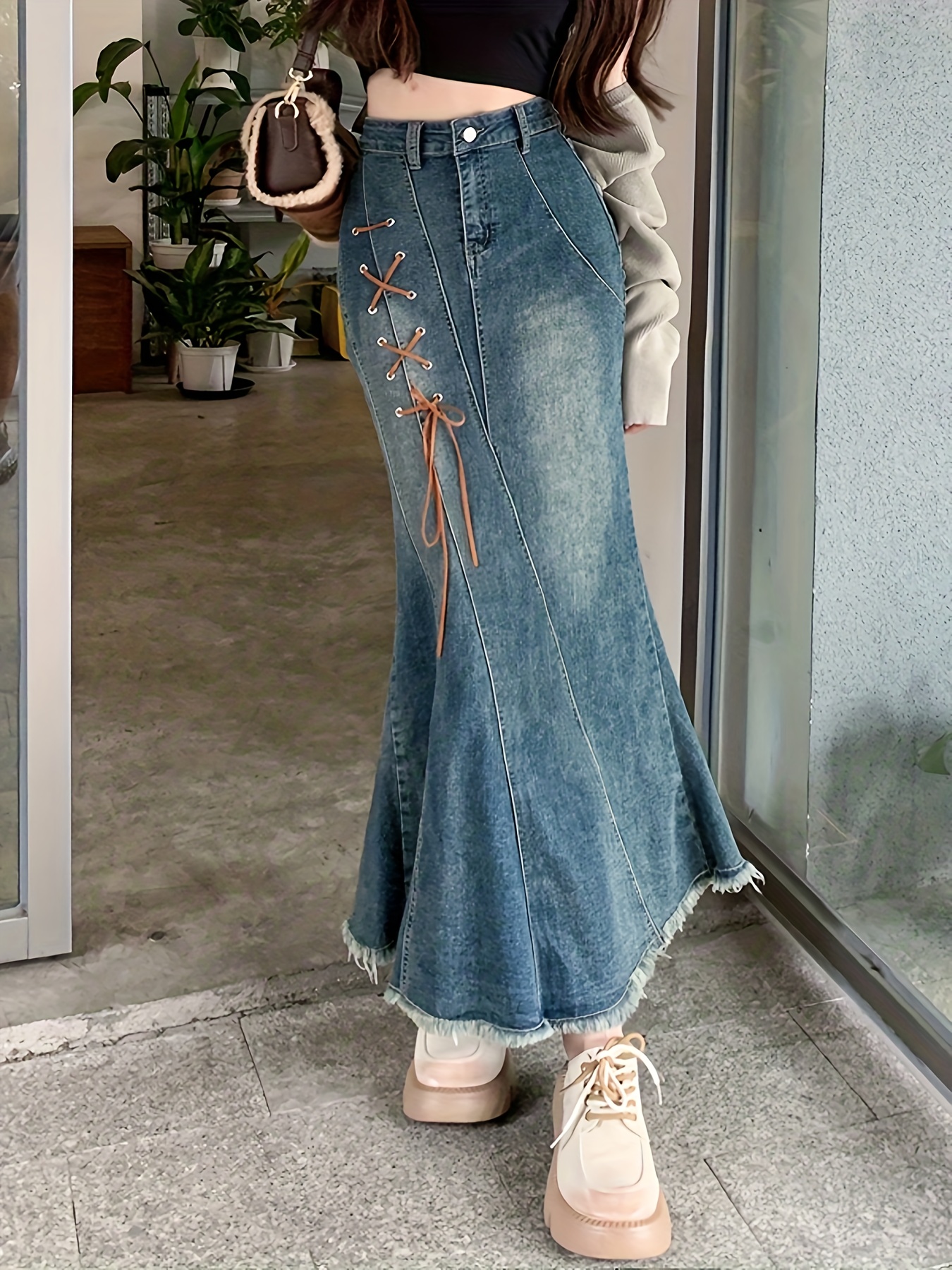 Women's Elastic Lace-Up Tassel * Hem Mermaid Fishtail Trumpet Denim Skirt, Casual Style, Stretchable Jean Fabric, Street Fashion