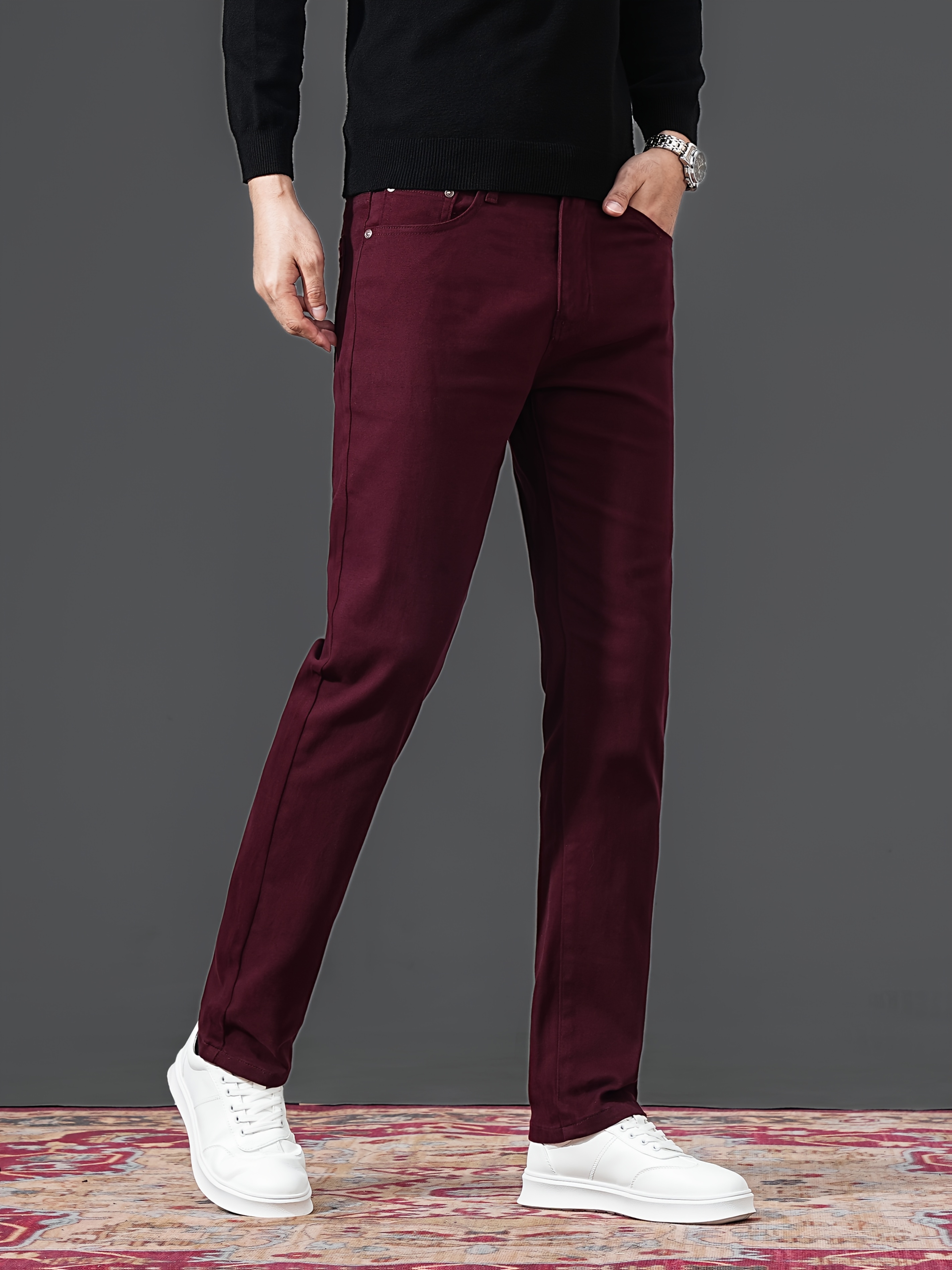 mens maroon cotton blend jeans 97% cotton 3% elastane Temu Canada