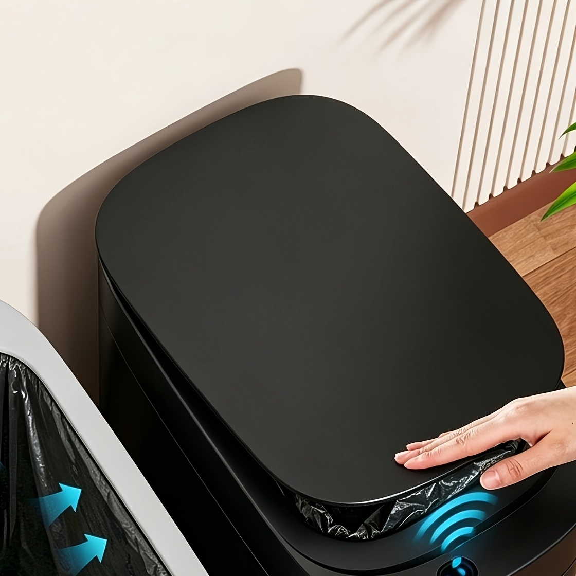 Black Lidded Induction Trash Can, Hygienic And Convenient, Suitable For Bathrooms, Bedrooms, Offices, And Homes, Compact Rectangular Plastic Small Space Storage Bin, In (without Batteries)