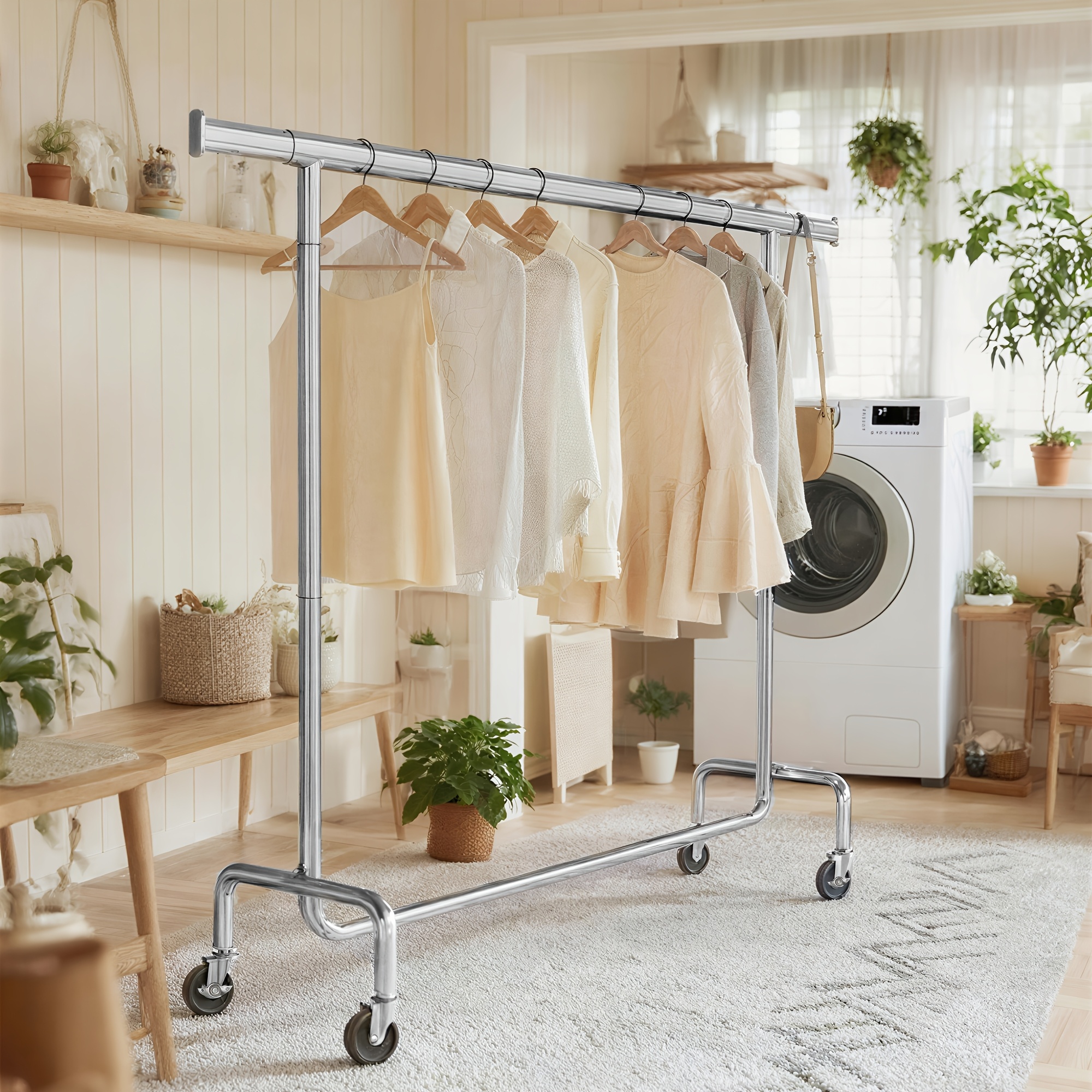 TEMU Portant à vêtements roulant, tringle à vêtements robuste avec tige de suspension réglable, pour chambre à coucher, de 130 kg, chrome, argenté,