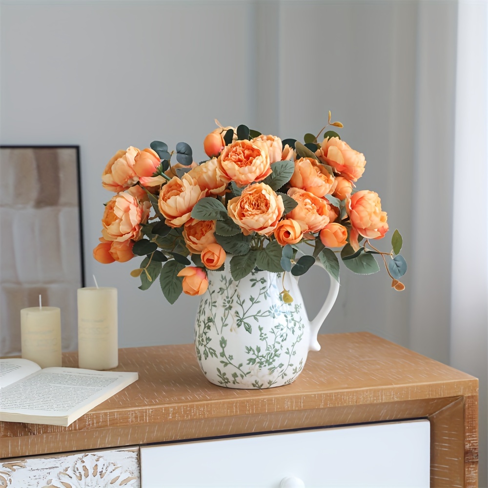 Amaping Artificial Peony Flower Leaf Artificial Flowers Cabbage Rose Roses Flowers Bouquet Vintage Peony Silk Flower For Home Garden Bridal Wedding Party Festival Decor (Orange, One Size