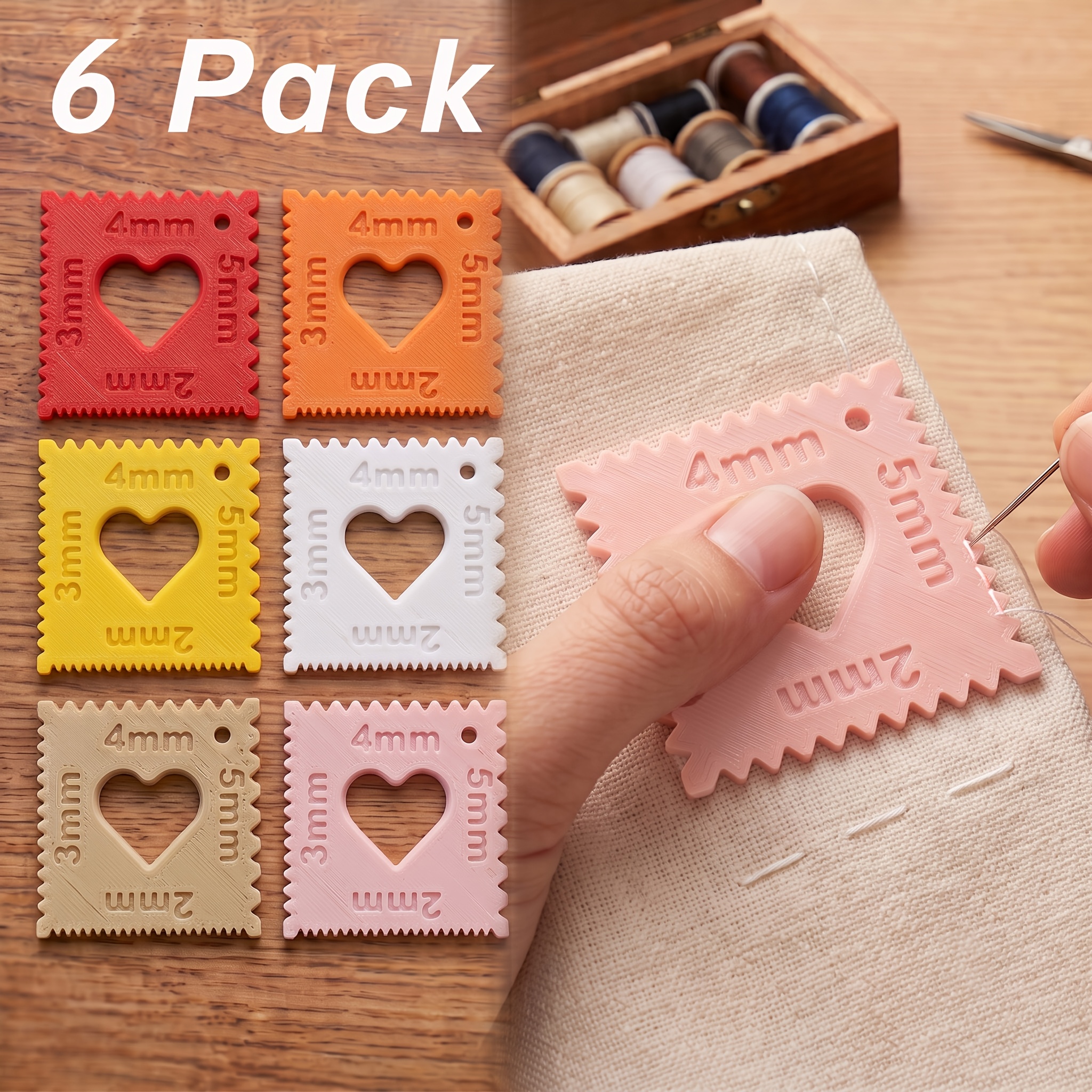 TEMU 6-pack Pink Plastic Material Heart-shaped Sewing Seam Guide Tools, Multi- Stitch Marker Ruler With 2mm 3mm 4mm 5mm Guides, Stitch Guide For Hand