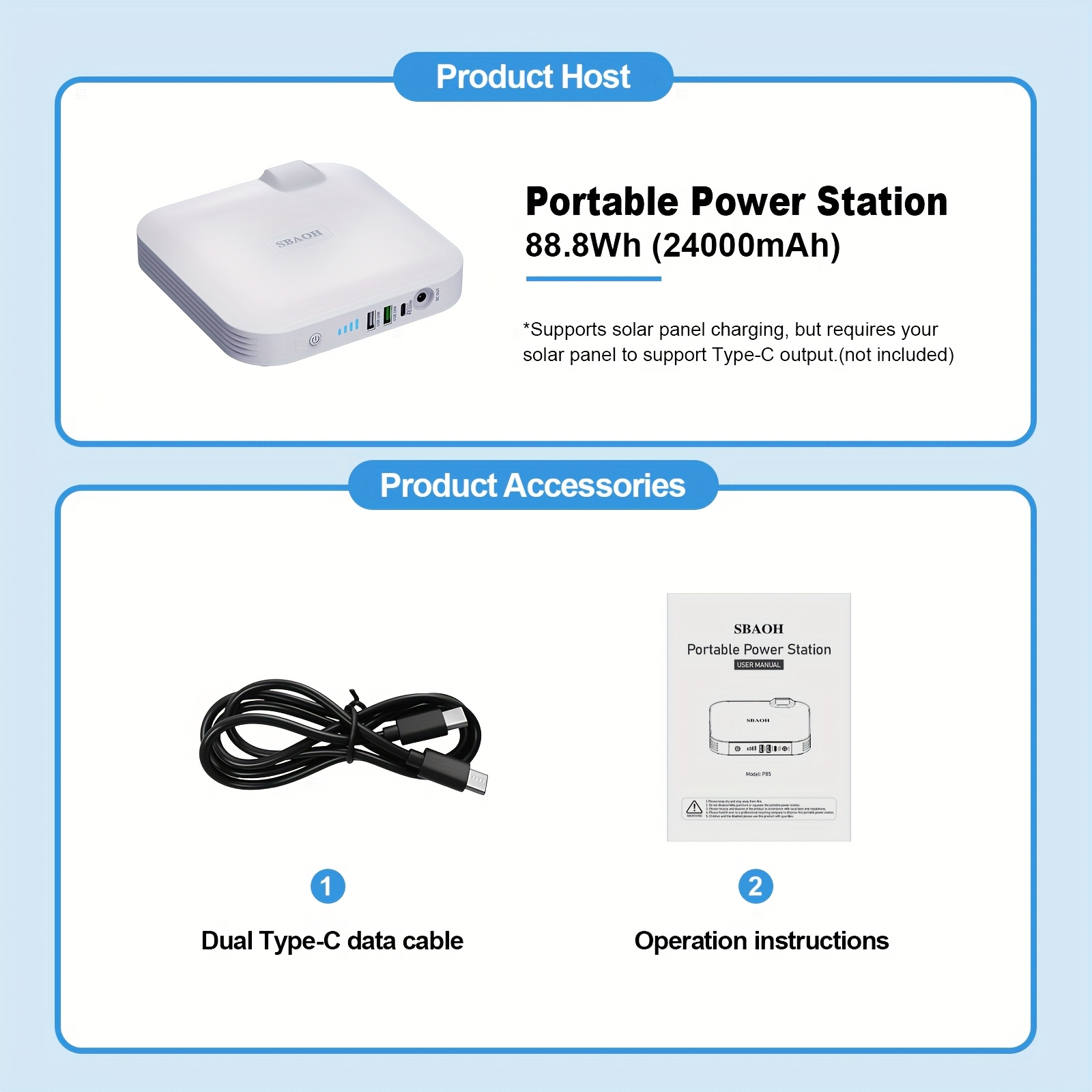 portable solar powered emergency power generator 100w 88 8wh 24000mah usb rechargeable with 4 led lighting     for camping travel outdoor activities solar panel not included solar phone charger outdoor   modern aesthetic durable plastic Product details 7