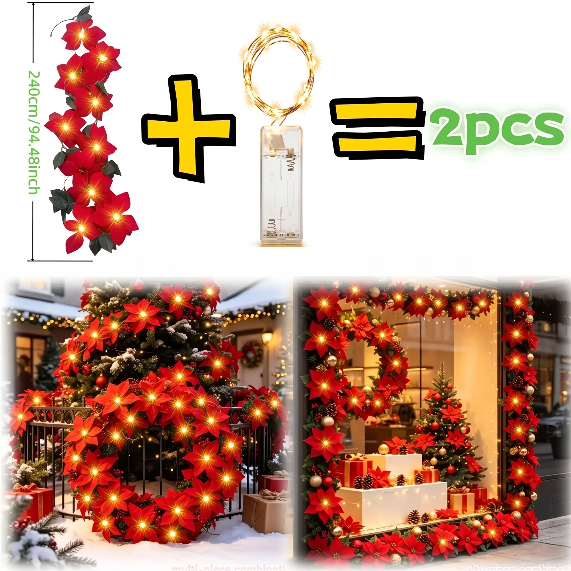 TEMU Set Of 2, 189, Inch Large Indoor/outdoor Artificial Red Poinsettia+ Green Leaf Decor With Led Lights, Latest, Style Soft, Material Poinsettia