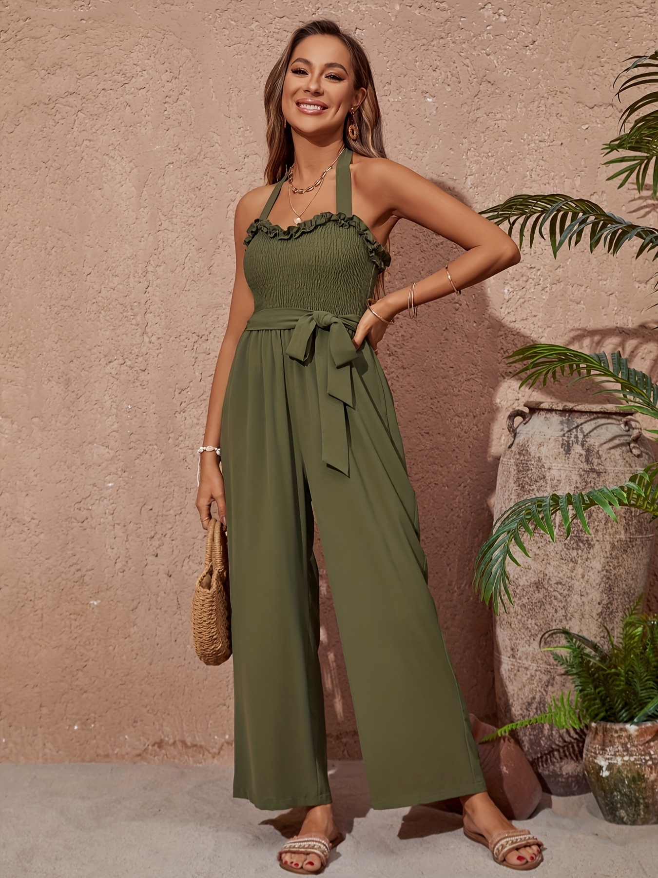 ruffle trim halter wide leg jumpsuit vacation shirred tied backless belted jumpsuit womens clothing details 1