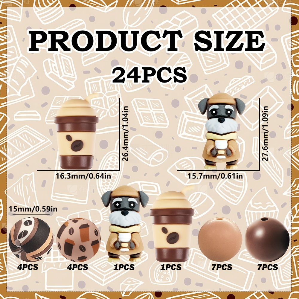 TEMU 24pcs 3d Cute Schnauzer Silicone Bead Set, Includes Coffee-shaped Cups, 15mm Coffee-themed Printed Round Beads, Suitable For Unique Decorations