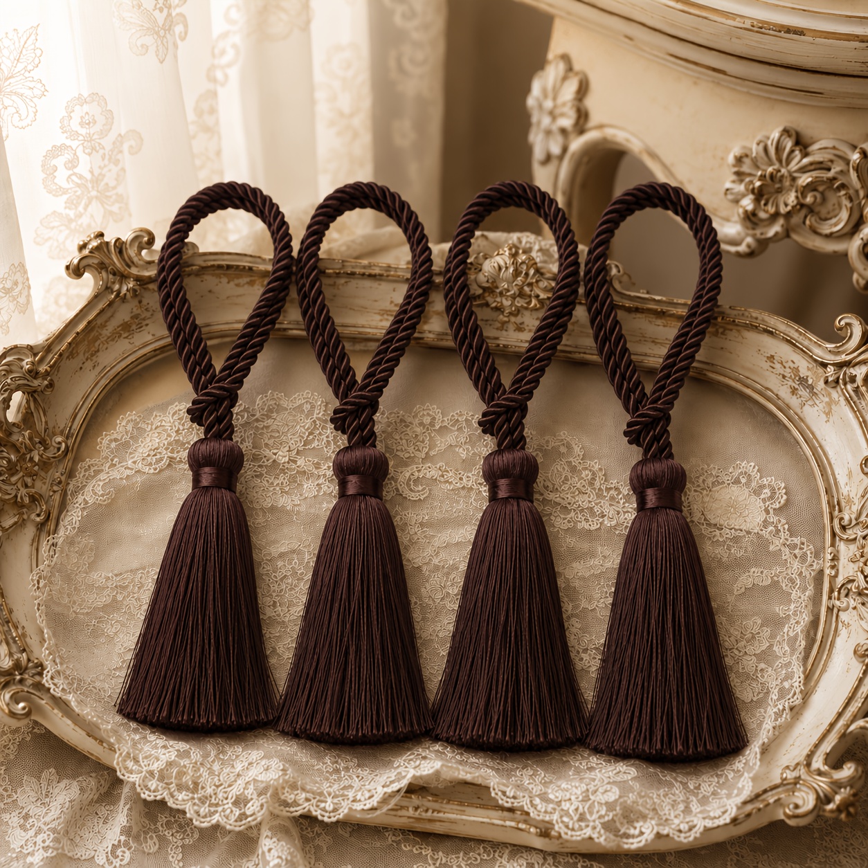 TEMU 4pcs Tassel Curtain Tiebacks, No Knot Hand Braided Rope Drape Holdbacks, Elegant Chinese Vintage Window Curtain Holders For Bedroom Living Room