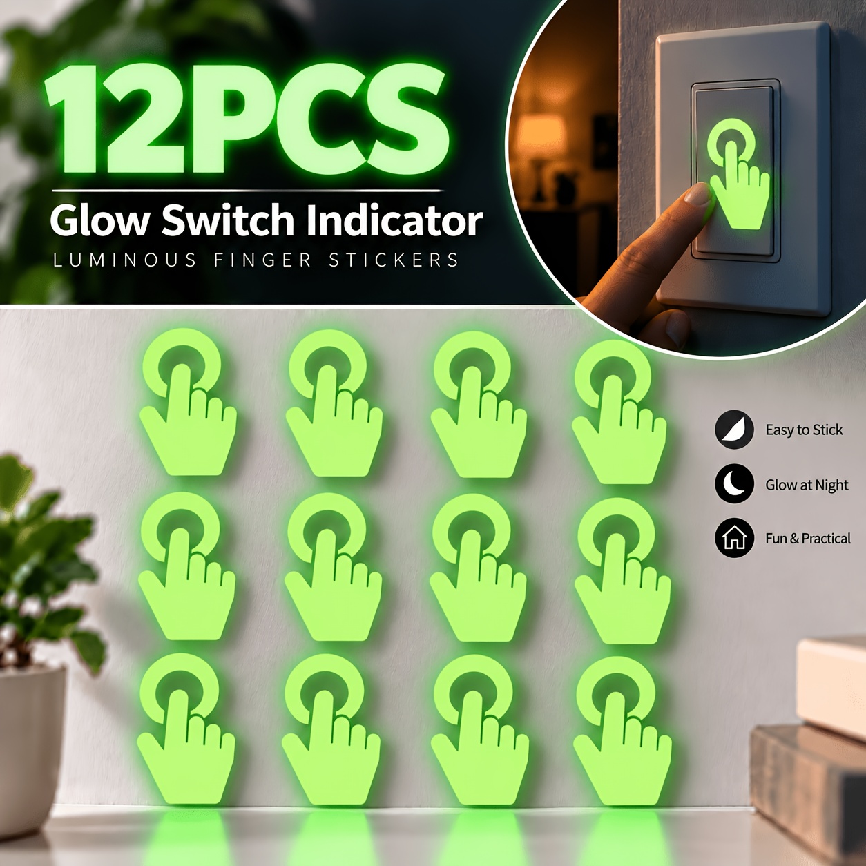 TEMU 12 adesivi autoadesivi con luminose al buio, indicatori luminosi per interruttori, marker luminosi per notturna per localizzare gli interruttori