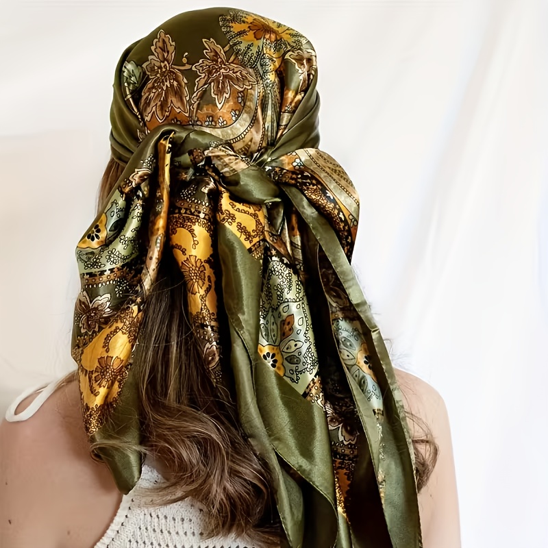 E-shop 1 Olivgrüner Vintage Paisley Satin Schal, großer quadratischer Schal mit orangegelbem und hellgrünem Blumenbesatz, hergestellt aus