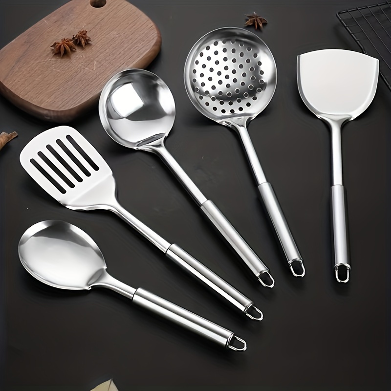 TEMU 5pcs Stainless Steel Kitchen Utensil Set Spatula Ladle Slotted Turner Rice Paddle Slotted Spoon Kitchen Cooking Tools