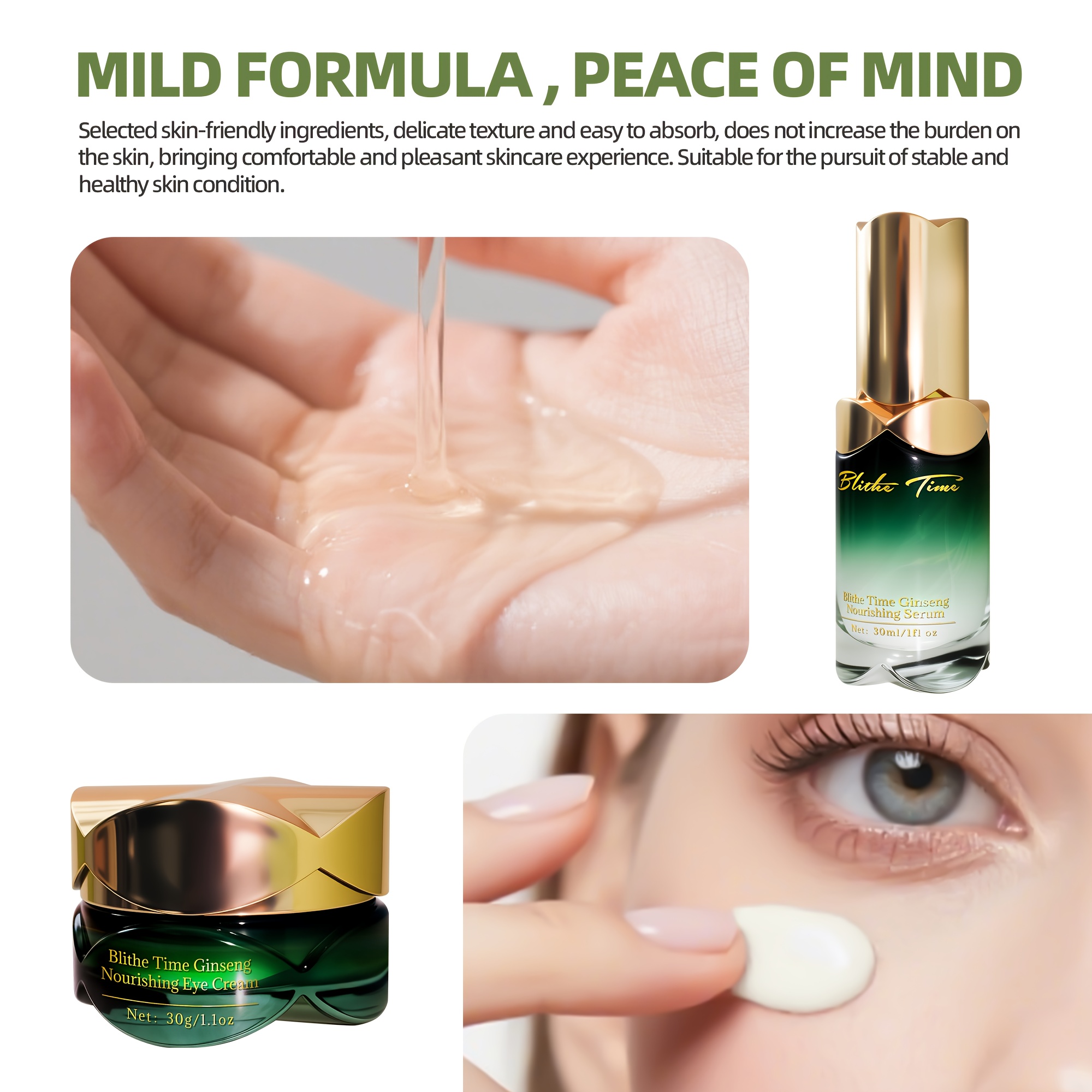 Blithe Time GINSENG HRANJIVI SET OD 4 KOMADA, SADRŽI KREMU ZA LICE, KREMU ZA OČI, ULJE ZA LICE, ŠTAPIĆ ZA MASAŽU LICA, SADRŽI EKSTRAKT KORENJA GINSENGA I DRUGE BILJNE EKSTRAKTE, ZATEŽUJE SVJETLO BEŽ TON, SET ZA NJEGU KOŽE ZA ŽENE, ČINI SVJETLO BEŽ TON MLAĐIM