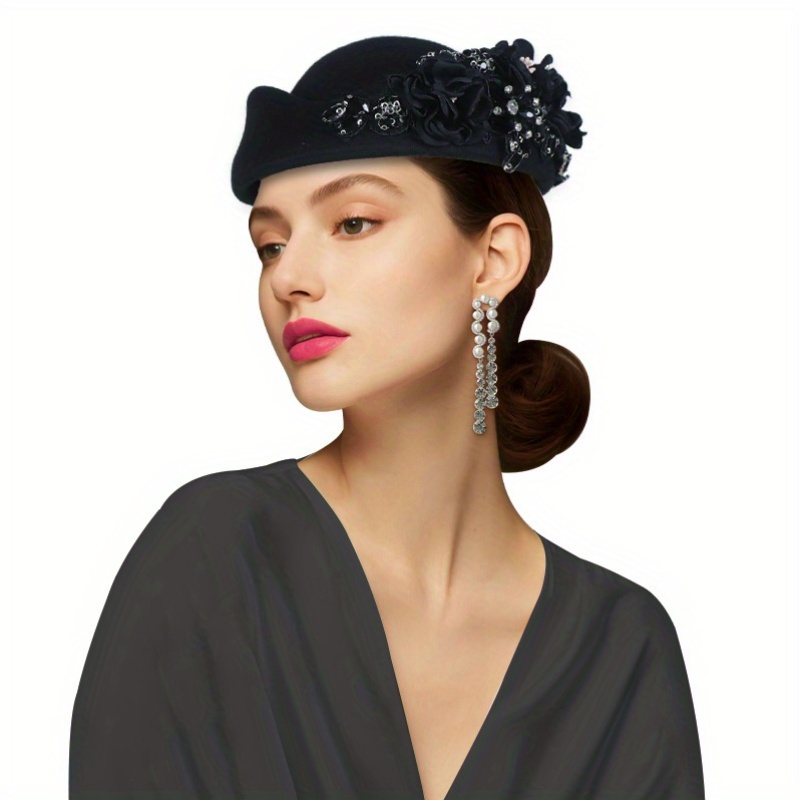 Vintage Black Beret W/ Embelushments Vintage Black Wool Pillbox Hat: Floral Embellished Beret  main image 3