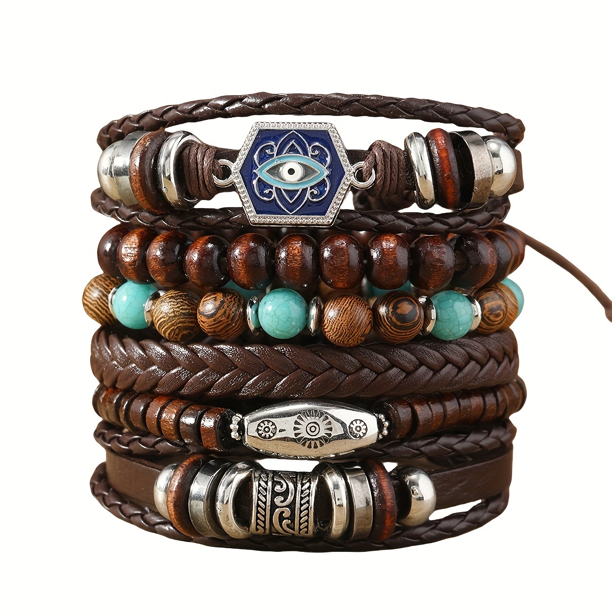 6pcs Retro PU Leather Beaded Bracelets Set for Men
