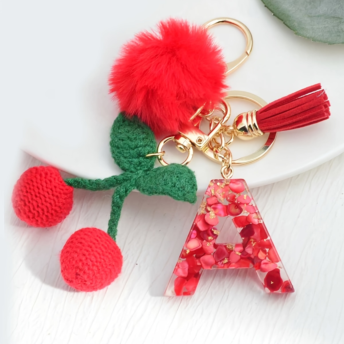 TEMU 1pc Red Cute Initial Keychain With Ball Cherry Tassel For Women, Ladies' Backpack Handbag Key Ring, Best Friend Valentine's Day Gift Christmas