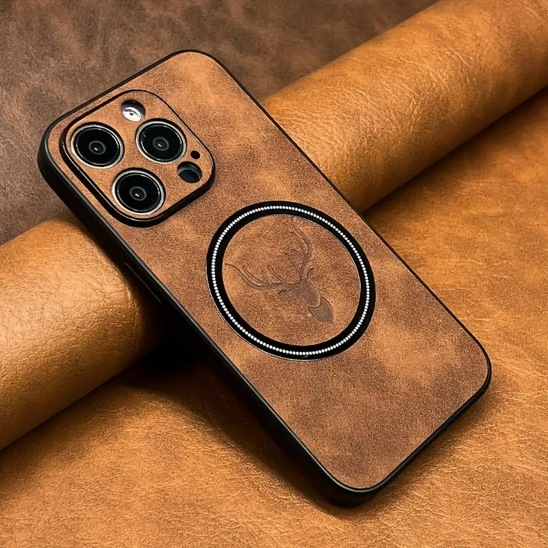 luxury sheepskin leather case for iphone 16 15 14 11 pro deer head pattern magnetic wireless charging soft bumper shockproof cover details 8