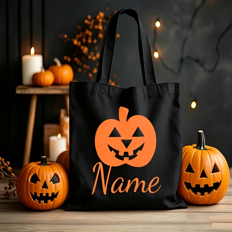 TEMU 1/2pcs Personalized Orange Jack-o'-lantern Beige Tote Bag With Zipper Pouch, Custom Name Trick-or-treat Printed Bag, Multipurpose Reusable