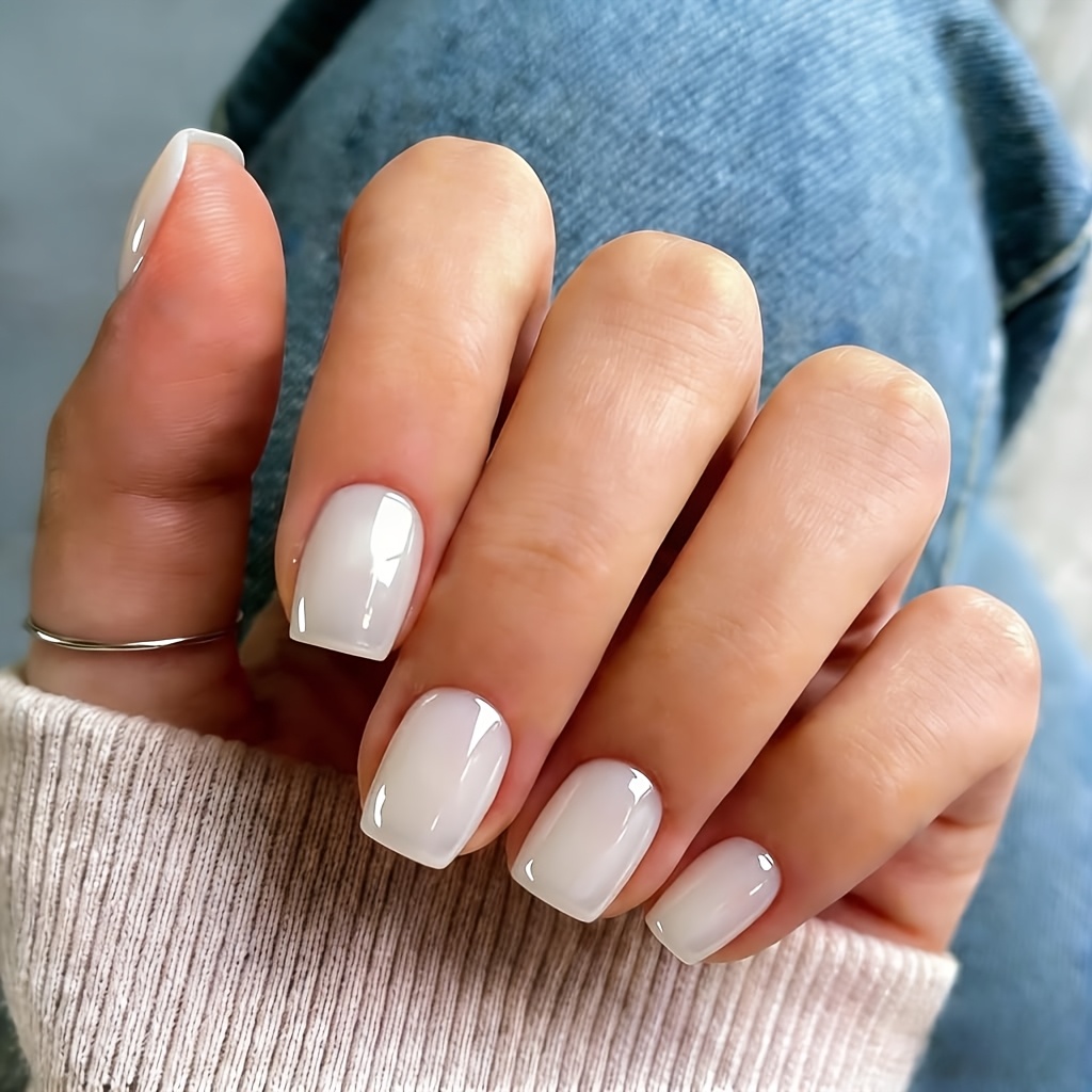 TEMU 30pcs Danartlux Short Square Press On Nails Suitable For Women & - Nude & White Chrome Glossy Full Cover Fake Nails, Reusable Nail Tips With