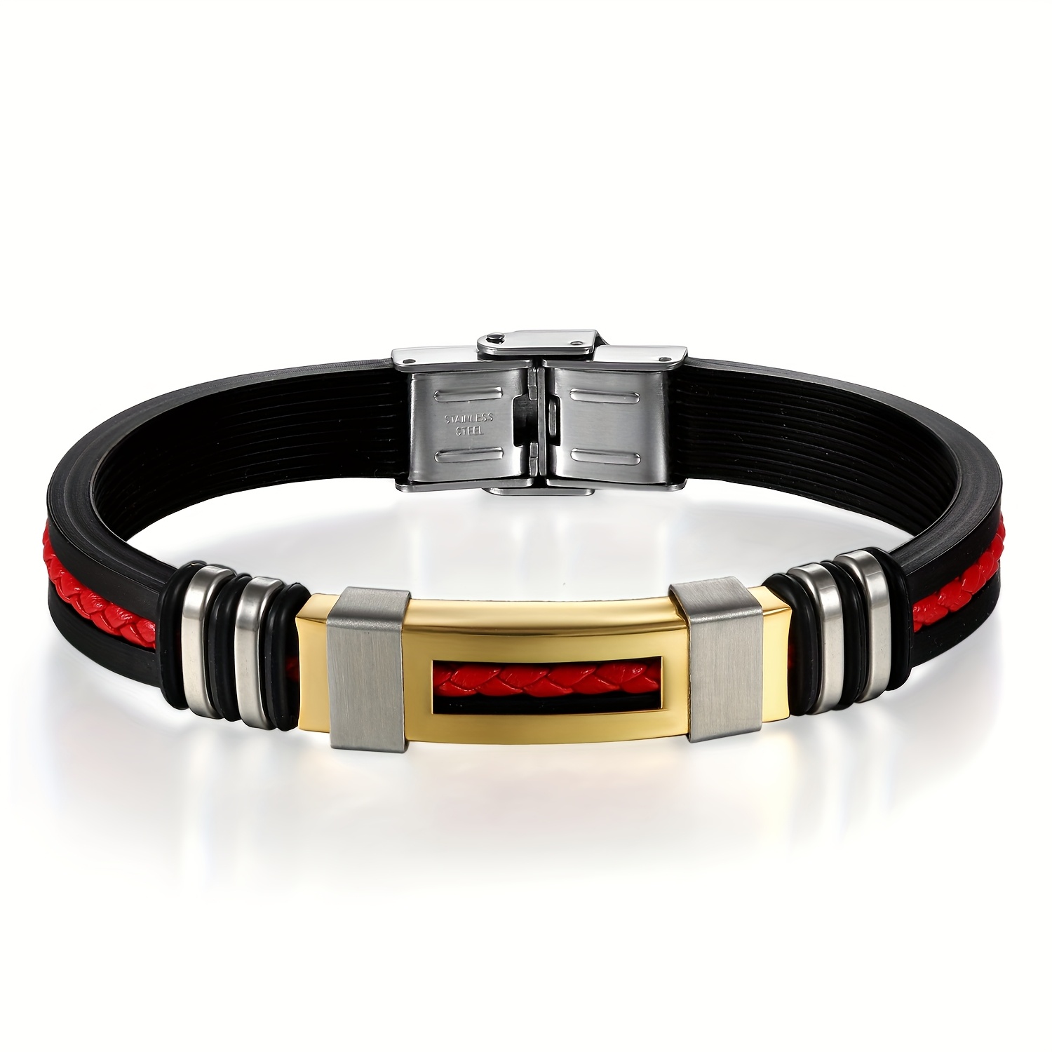 Image of Men's Bracelet With Red Woven Leather & Black Silicone Straps - Retro Sporty Design, Durable & Comfortable For Daily Wear, Parties, Christmas, Valentine's Day, Father's Day Gifts