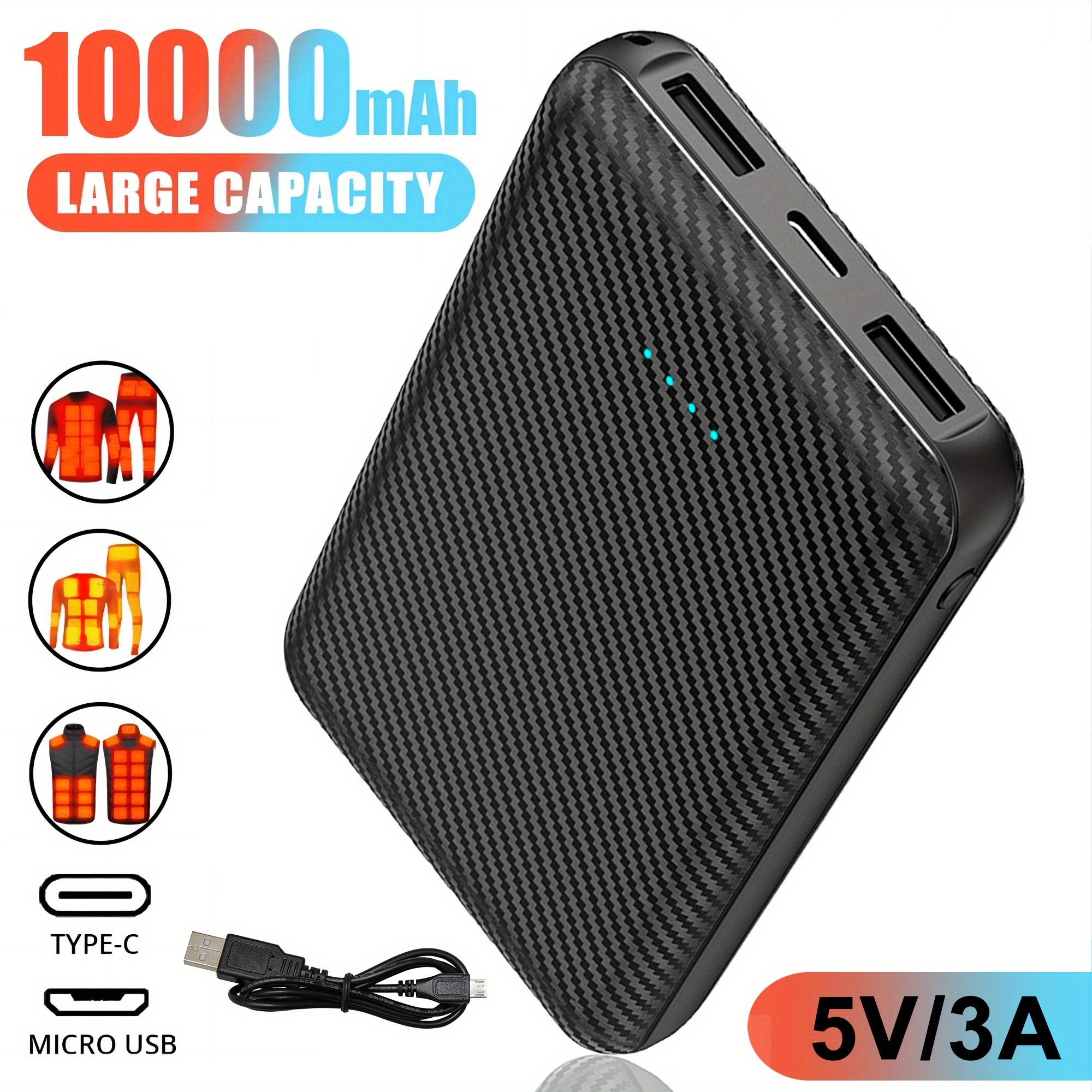 TEMU 10000mah Power Bank Heated Vest 5v 3a Output Power Bank Heated Jacket Battery Charger External Battery Winter Heating Scarf Socks Power Bank