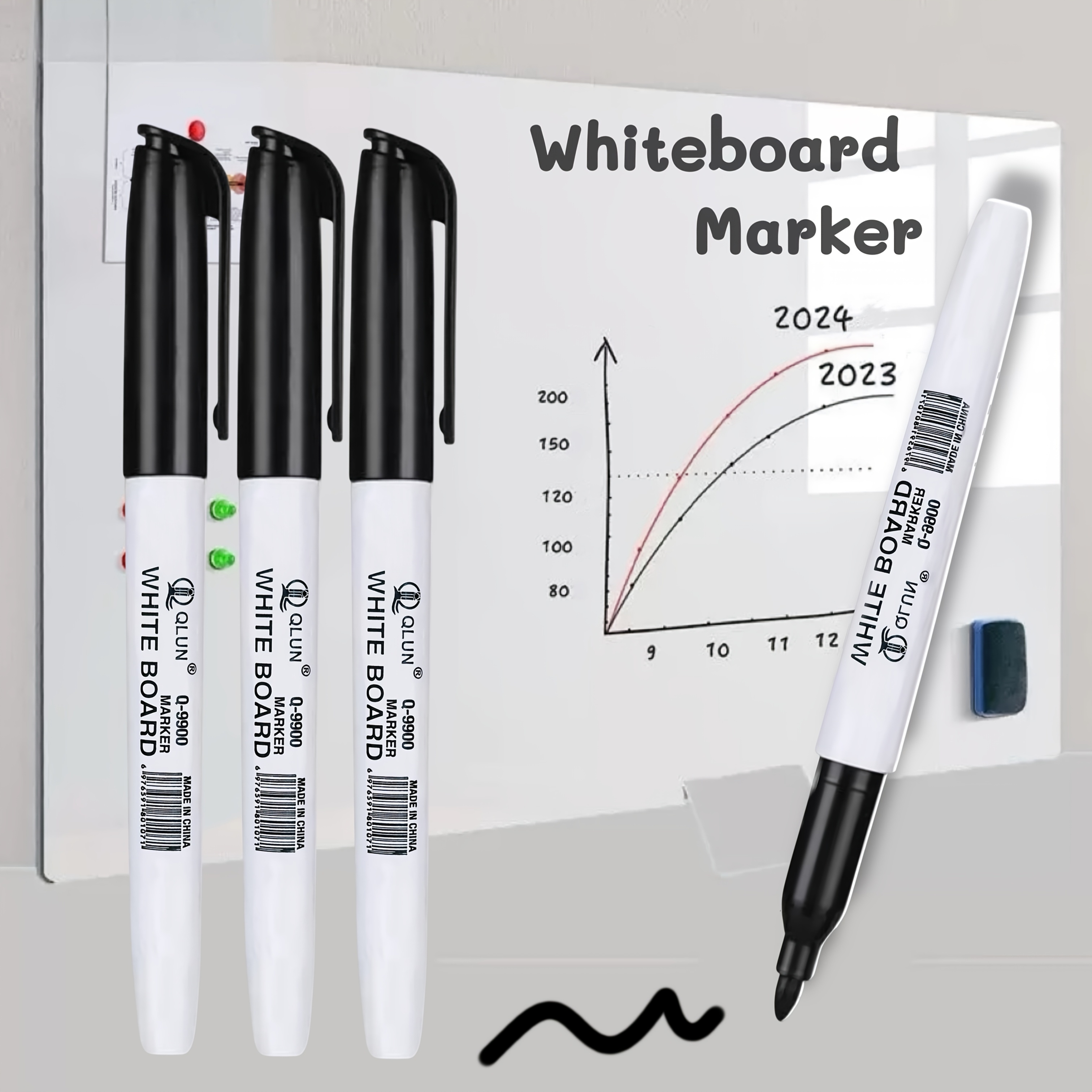 Image of 3/12pcs Black Whiteboard Marker Pen, Erasable, Teaching Supplies, Back To School.