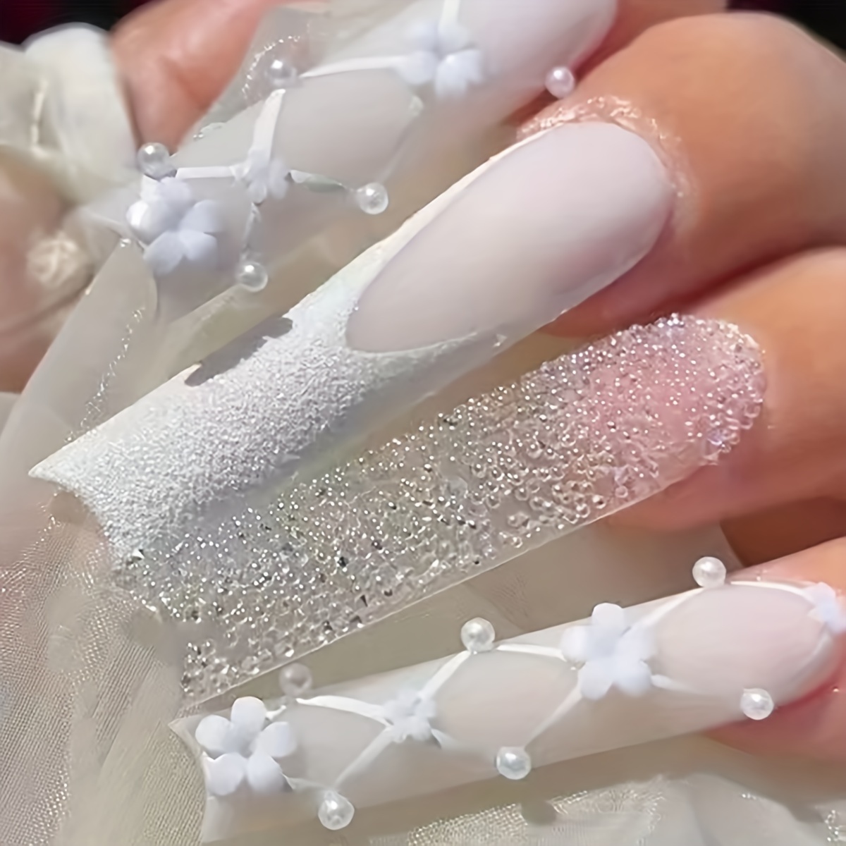 

24 Pcs Long Coffin Shaped Fake Nails With Delicate White Flower Imitation Pearl Paved For Women Wedding Fake Nails