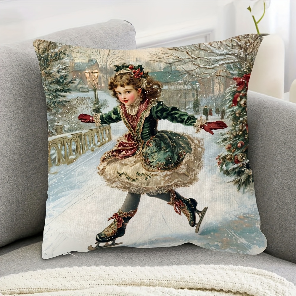 

1pc Victorian Girl Ice Skating Christmas Pillow Cover - 18x18 Inch, Double-sided Design With Snowy Scene & Red Berries, Sofa Or Room Decor, Gift (no Insert)