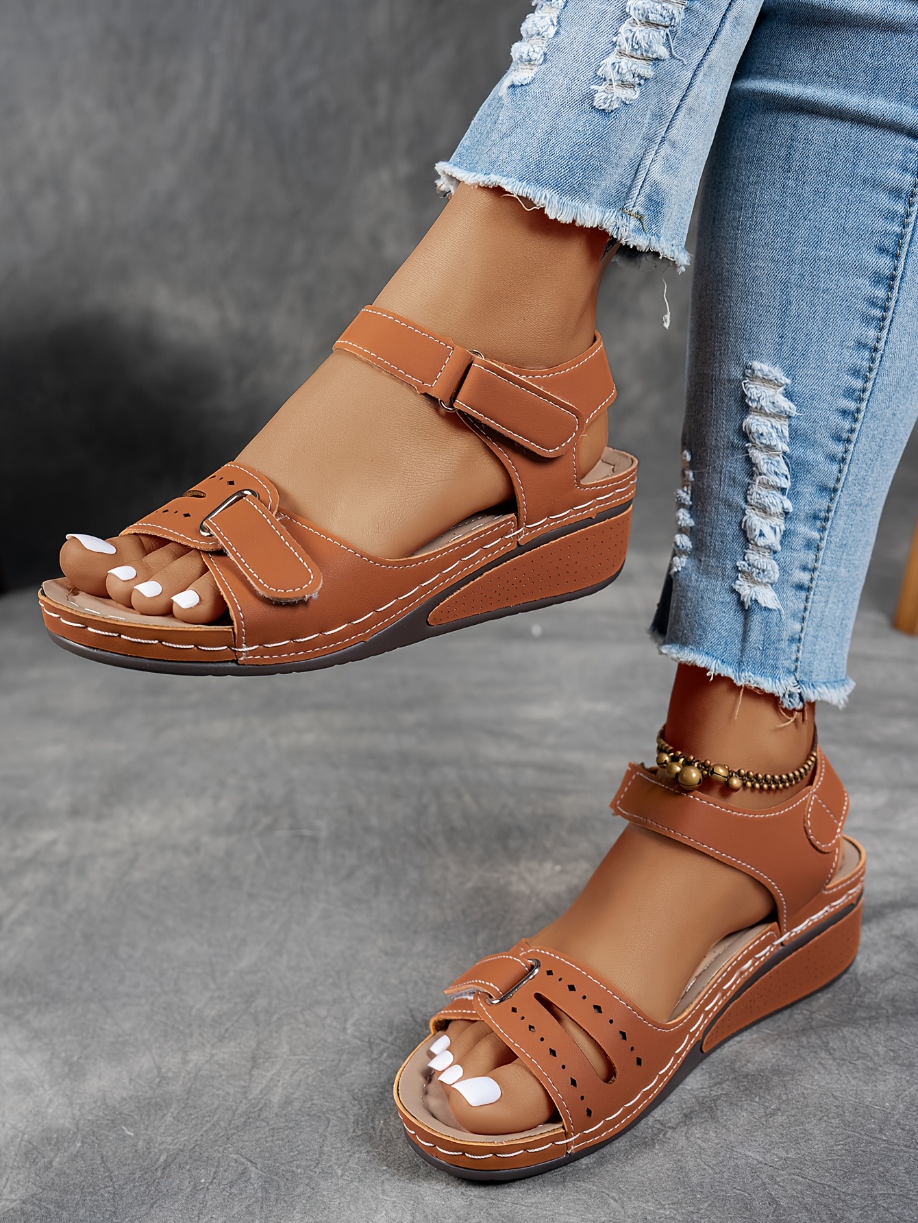   womens beige wedge sandals comfortable open toe platform shoes with adjustable ankle strap perforated design for   casual summer fashion strappy sandals Product details 8